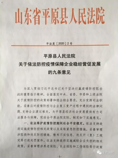 平原法院出台《九条意见》，为企业健康发展提供司法保障