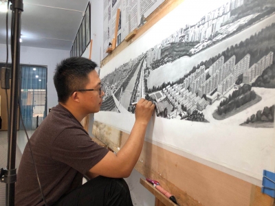 画家王永建20天手绘2.4米德州俯瞰素描图 | 愿用画笔记录家乡