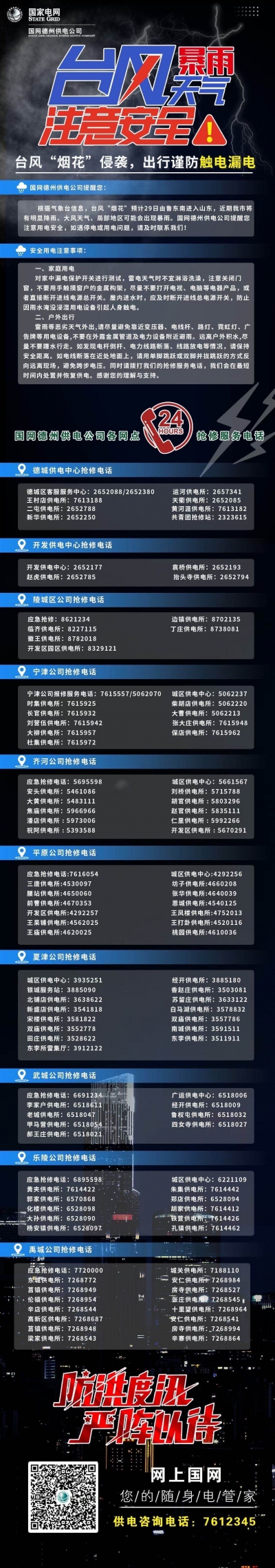 收藏！台风“烟花”来袭，国网德州供电公司发布全域24小时抢修服务电话