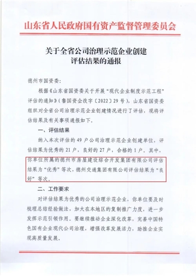 德州市国资委监管企业——德州房屋开发集团、德州交通集团获评山东省国资委“公司治理示范企业”