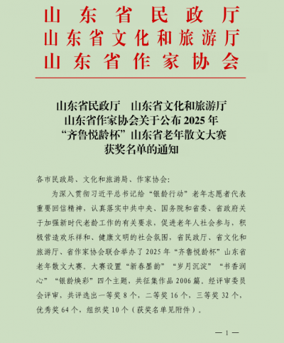 喜报！德州市民政局荣获山东省老年散文大赛组织奖